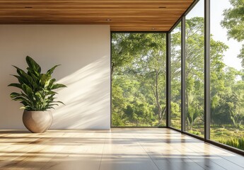 Modern Minimalist Interior with Large Windows Overlooking Natural Landscape Featuring Potted Plant in Bright, Airy Room with Wooden Ceiling and Floor