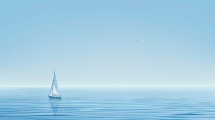 Obraz premium The ocean is calm and still, with a lone sailboat floating gracefully on the horizon, framed by a clear blue sky above.