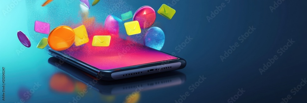 Poster bright chat bubbles flow from a smartphone, showcasing digital communication in a vibrant setting. g