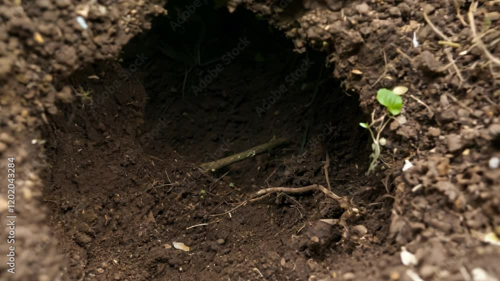 Poster zoom out video of a close-up topsoil with soft light, showing the distribution of roots and decaying