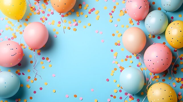 Elegant pastel birthday card featuring a minimalist design with delicate confetti and balloons in a blank central area for custom text or message