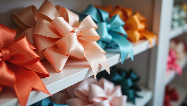 Layered satin bows displayed on a shelf, decorative craftsmanship