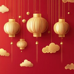 Golden lanterns and clouds on red background. (1)