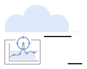 Cloud backdrop above a graph with trend lines, data points, and focus target. Ideal for technology, analytics, cloud computing, performance metrics, innovation, research and abstract line flat