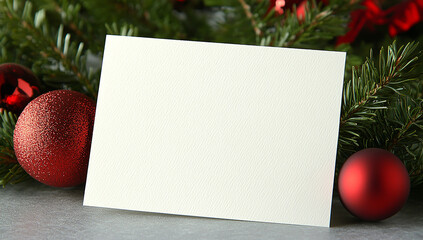 A blank white card is the centerpiece of an arrangement with Christmas decorations