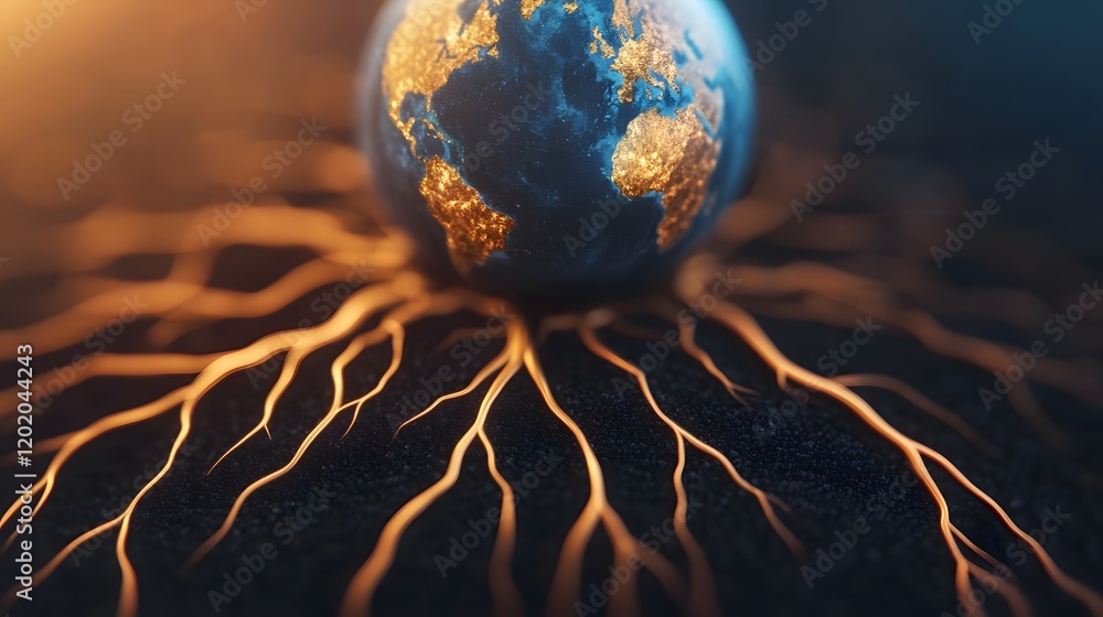 Poster interconnected globe with roots and branches representing harmony and fulfillment