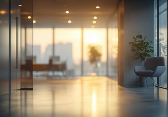 Fototapeta premium Modern office interior with large glass windows showcasing a beautiful sunset, sleek furniture, and a hint of greenery for a tranquil atmosphere