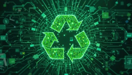 Fototapeta premium Green recycle symbol in digital circuit background
