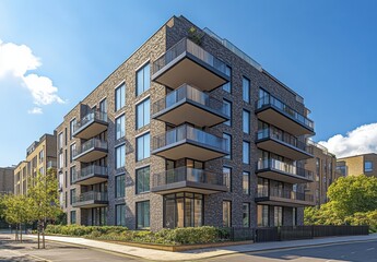Modern residential apartment building with balconies and elegant architecture set against a clear blue sky in an urban environment showcasing contemporary design elements