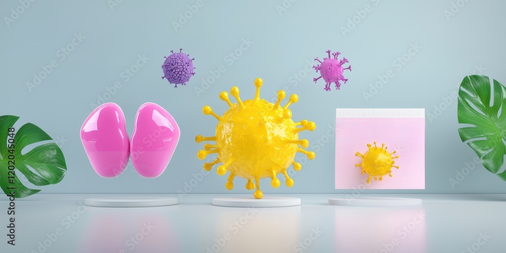 Poster colorful virus models on display background