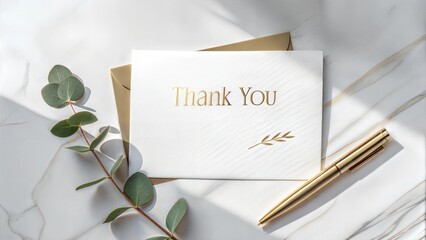 Thank you card on marble surface with pen and eucalyptus sprig, elegant composition, writing background