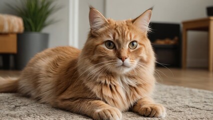 Fawn british longhair cat laying on the floor indoor