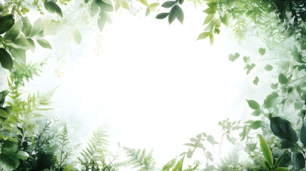 Lush green foliage frames bright, empty space, creating serene atmosphere. This natural setting evokes tranquility and freshness