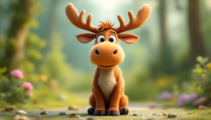 Adorable Cartoon Moose Calf in Serene Forest Setting