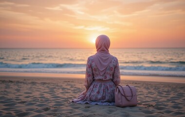 photo of a woman wearing a hijab sitting enjoying the sunset on the beach