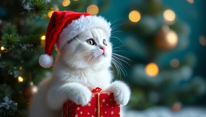 Festive Kitten in Santa Hat with Christmas Gift