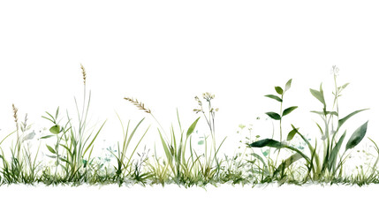 watercolor style grass border featuring various plants and flowers, creating serene and natural atmosphere