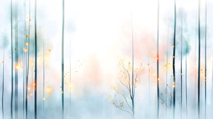 serene forest scene with delicate watercolor strokes, featuring tall trees and soft, glowing lights. atmosphere evokes tranquility and calmness
