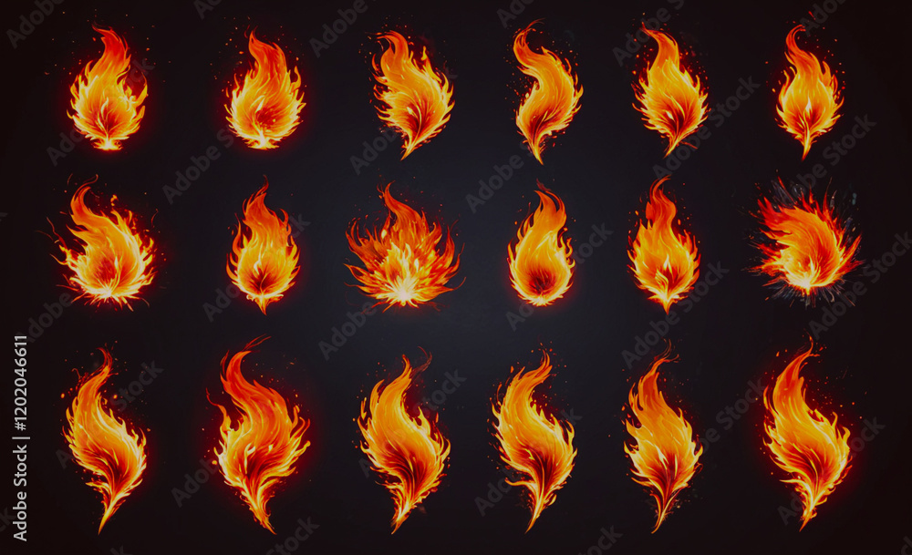Poster A series of fire-like shapes in various sizes and positions. The shapes are all different, but they all have a similar fiery appearance. Concept of danger and excitement