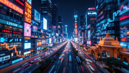 Night cityscape, traffic blur, vibrant ads, building facade, urban finance
