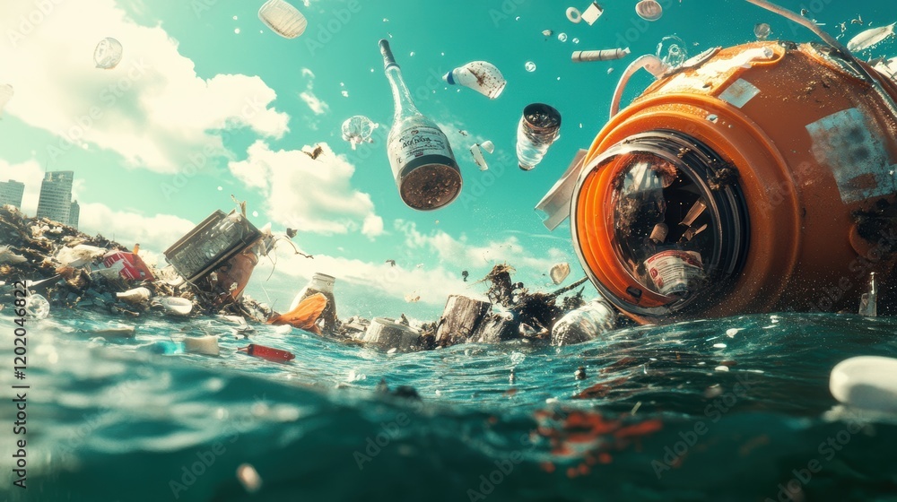 Poster large orange object floating in the ocean against a clear blue sky and gentle waves in the backgroun