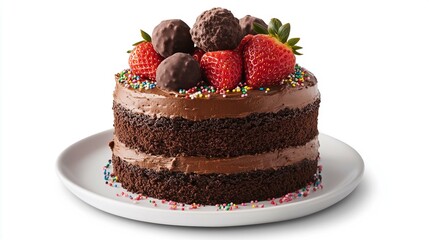 Chocolate cake topped with strawberries served on a white plate