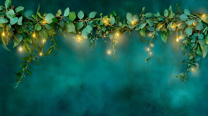 Lush green foliage with glowing lights on teal background creates serene atmosphere