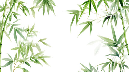 Fototapeta premium Lush bamboo leaves frame serene white background, creating tranquil atmosphere
