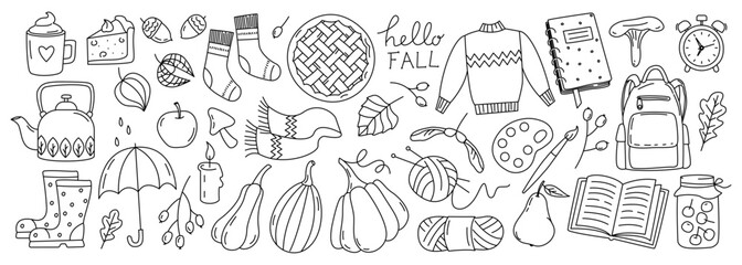 Hello Fall doodles cozy collection. Scarf, candle, sweater, cake, umbrella, paints, backpack, alarm clock, cake, cocoa, pear, leaves, book, berries, acorns,  mushrooms. Autumn cute season stickers