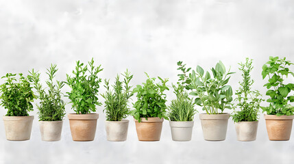Fototapeta premium collection of herb pots featuring various green plants in neutral pots, creating fresh and vibrant atmosphere