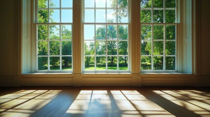 Sunlit Room with Large Panoramic Windows and Wooden Floor