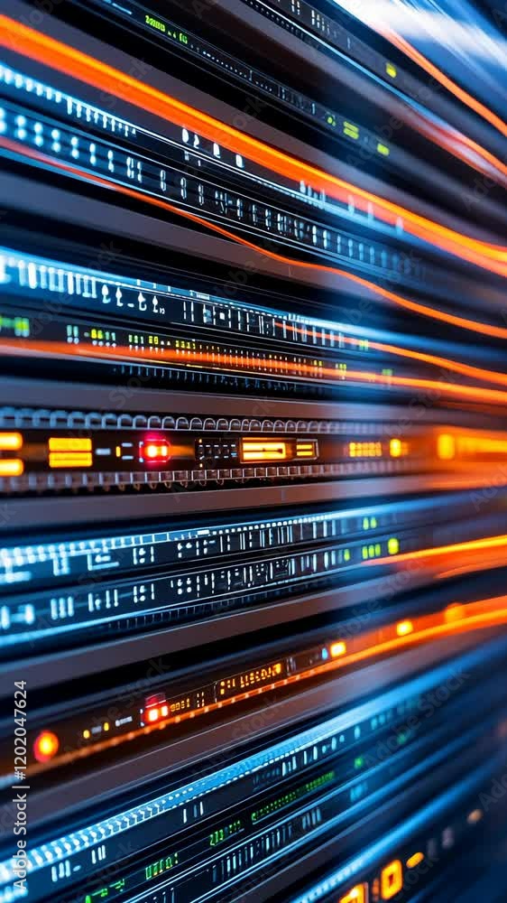 Poster colorful digital data streams flowing through abstract circuitry at night in a modern tech environme