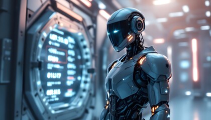 Fototapeta premium Futuristic Robot in a Sci-Fi Corridor: A Sleek, Modern Digital Art