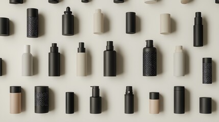 Obraz premium A minimal flat lay of empty skincare bottles and tubes in neutral tones, arranged geometrically.