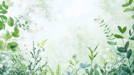 Obraz premium Lush greenery and delicate flowers create serene botanical composition, evoking tranquility and natural beauty