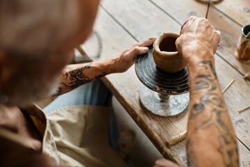 Mature man enjoys shaping clay in a pottery class
