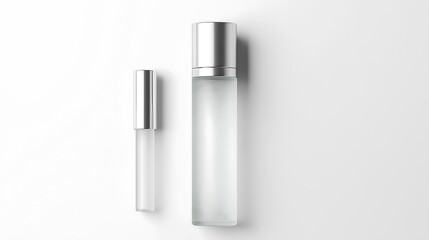 A minimalistic rollerball bottle made of frosted glass with a silver cap, isolated on white.