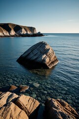 there is a large rock in the water near the shore
