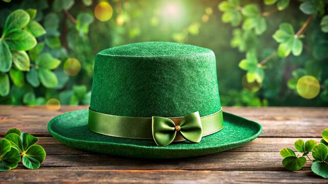Green shamrock hat with clover leave on wooden table with green bokeh background, St. Patrick's Day holiday concept	