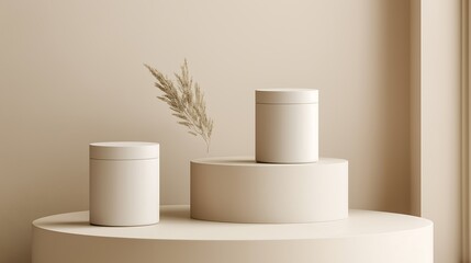A set of cylindrical skincare containers in neutral tones, styled in a minimalistic setting.