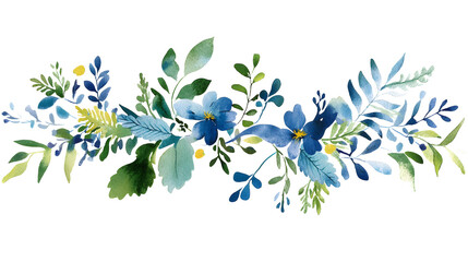 Beautiful watercolor floral arrangement featuring blue flowers and green leaves, perfect for boho inspired design