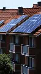 Fototapeta premium Solar panels on an Amsterdam apartment complex rooftop showcase a commitment to renewable energy and sustainability