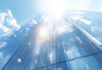 Modern skyscraper architectural design with glass facades reflecting sunlight against a bright blue sky with fluffy clouds, conveying a sense of innovation and urban progress.