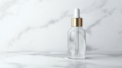 Naklejka premium A transparent glass dropper bottle with no label, placed elegantly on a marble surface.