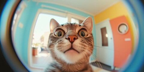 Cute Cat Portrait in Fisheye Lens, Close-Up Portrait