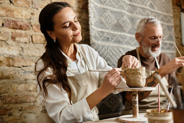 A beautiful couple embraces creativity during a pottery class, shaping unique clay pieces together.