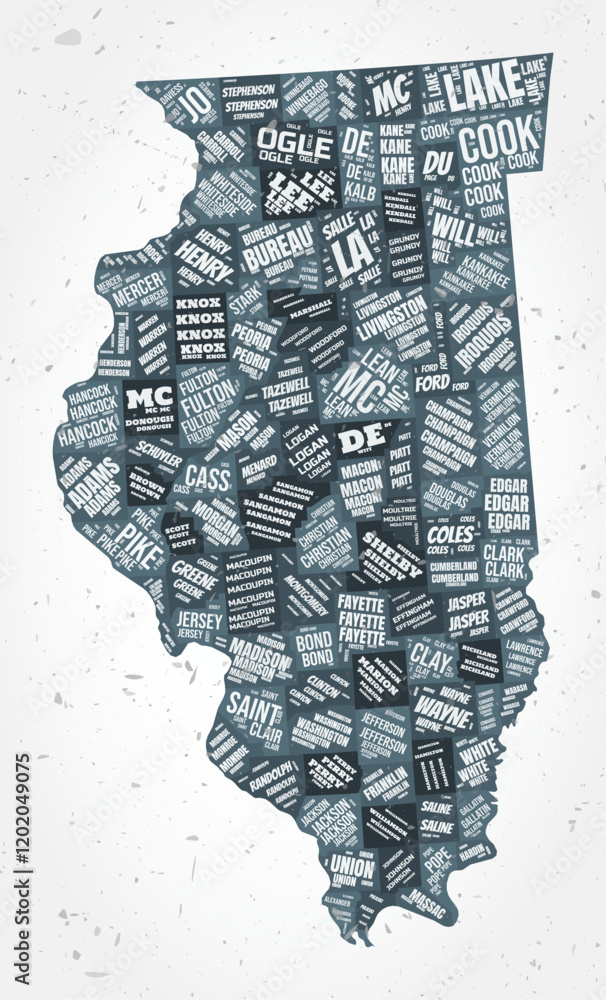 Poster illinois counties word clouds. state shape on textured background. illinois design in typographic st