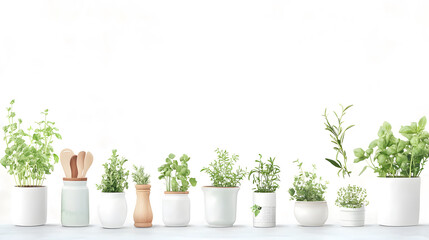 Fototapeta premium Fresh herbs in white pots on kitchen countertop create serene atmosphere. Perfect for cooking and home decor enthusiasts
