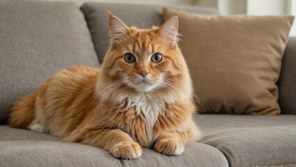 Fawn british longhair cat lying on sofa at home