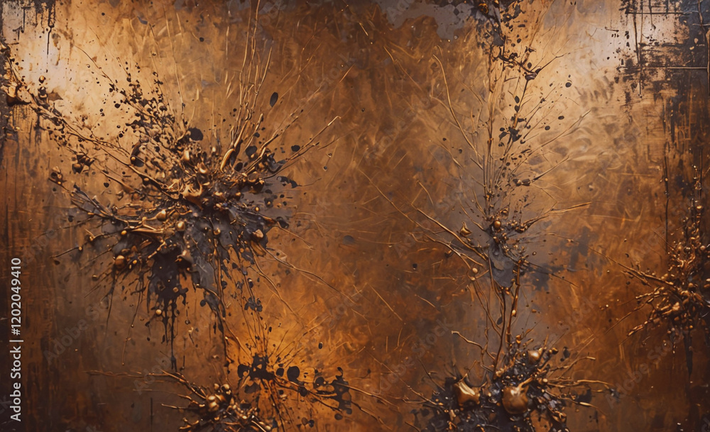 Poster a painting of a wall with splatters of paint and a gold background. the painting has a sense of chao